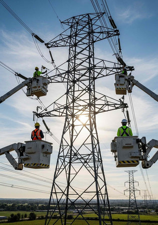 Two electricians in bucket trucks working on a power transmission tower at sunset