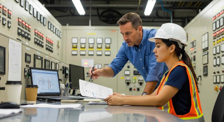 A man and woman in industrial attire review documents and work on a computer together in a control...