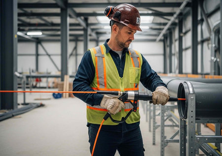 A construction worker in a hard hat and safety vest working with a large pipe in a warehouse