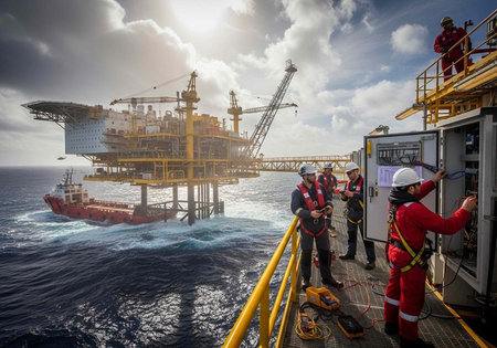 A group of workers in red suits and hard hats on an offshore oil rig platform in the ocean