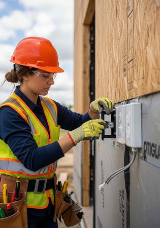 A female electrician in a hard hat and safety vest installing an electrical outlet on a construction...