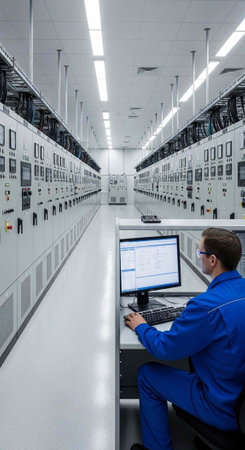 A man in a blue uniform works on a computer in a large industrial control room with rows of panels