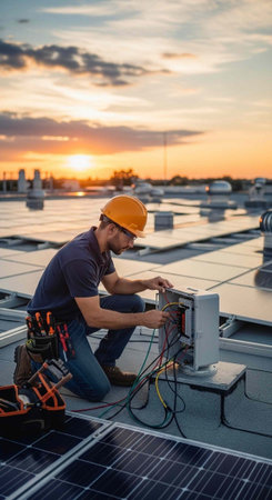 A man in a hard hat working on solar panels on a rooftop at sunsetの写真素材