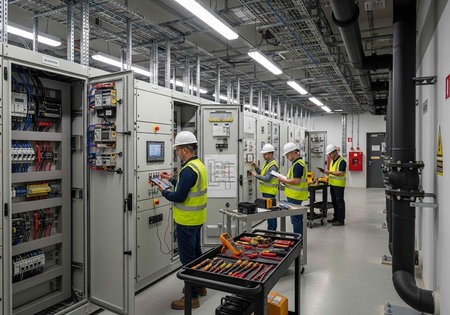 A team of industrial workers in safety gear inspecting electrical control panels in a modern...