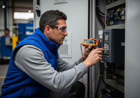 A man in a blue vest and safety glasses works on an electrical panel with a multimeter in a...