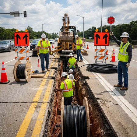 Workers in high-visibility vests and hard hats conduct roadwork on a busy highway with traffic...