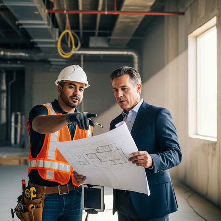 Two men in construction site discussing building plans with architect and engineer