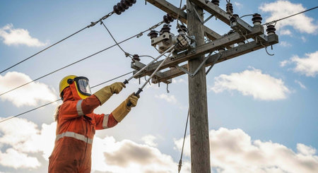 An electrician in an orange uniform works on a power line against a blue sky with clouds