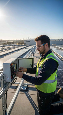 A man in a safety vest working on solar panels on a rooftop with a cityscape in the background