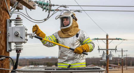 A lineman in protective gear works on electrical equipment at a power substation on a cloudy day.