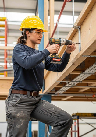 A woman in a hard hat and safety gear works on a construction project with a power tool.