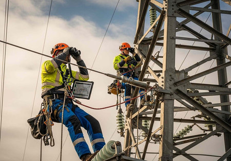 Two electricians in safety gear working on a power transmission tower with a cloudy sky background
