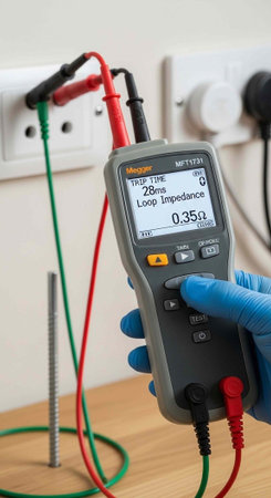 A gloved hand holding an electrical tester with wires plugged into a wall outlet