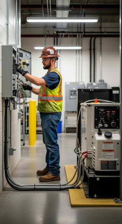 A man in a hard hat and safety vest works on an electrical panel in an industrial setting.