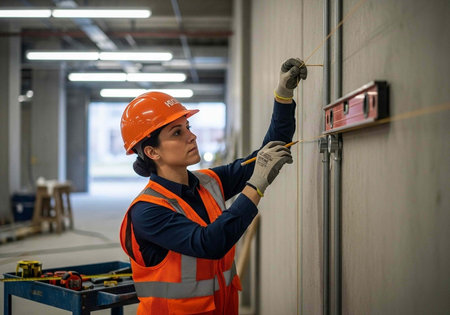 A female construction worker in an orange vest and hard hat measures a wall with a level tool.