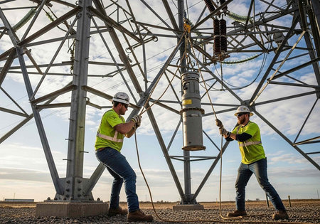 Two workers in hard hats and safety gear working on a large metal power transmission tower outdoors