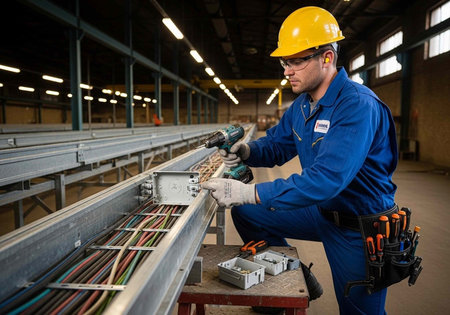A construction worker in a yellow hard hat and blue uniform working on electrical wiring in a large...