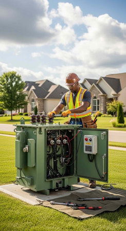An electrician in a yellow vest works on an open green electrical box in a suburban neighborhood.