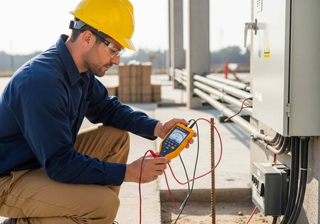 A man in a yellow hard hat and safety glasses uses a multimeter to test electrical wiring on a...