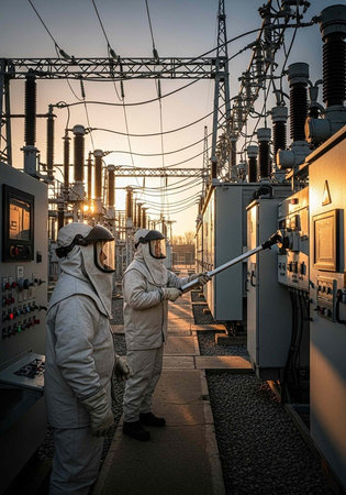 Two workers in protective gear inspect electrical equipment at a power plant during sunset
