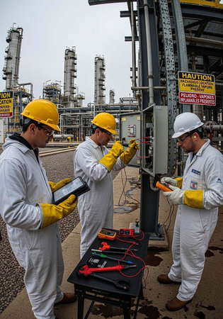 Three industrial workers in safety gear inspecting equipment at an industrial site with caution...