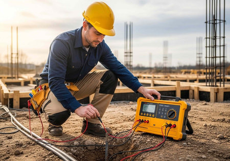 A construction worker in a yellow hard hat uses a digital device on a building site