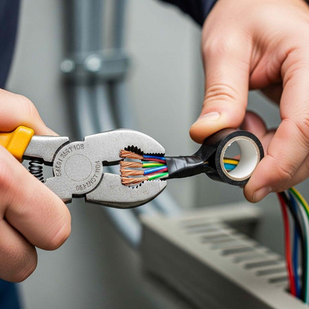 A person using wire strippers to prepare electrical wires for installation in a modern setting.