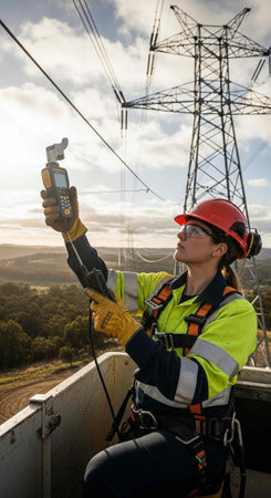 A female worker in a hard hat and safety gear inspecting equipment on a tower with power lines
