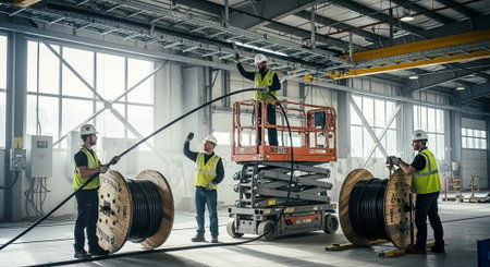 Four construction workers in a large warehouse installing electrical cables with a scissor lift