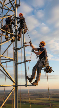 Three workers in safety gear climbing a tall metal structure with a cloudy blue sky in the...