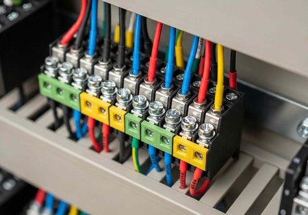 A close-up view of a complex electrical wiring system with multiple colored wires and connectors