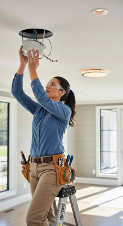 A woman in safety goggles installing a light fixture in a modern room with a ladder and tool belt