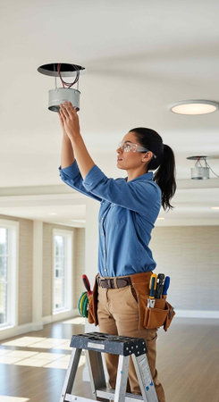 A woman in safety goggles installing a light fixture on a ladder in a modern room