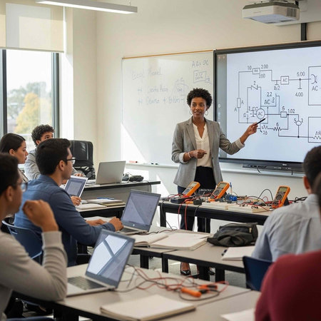 A professional woman teaches a class of students in a modern classroom with laptops and a projector...