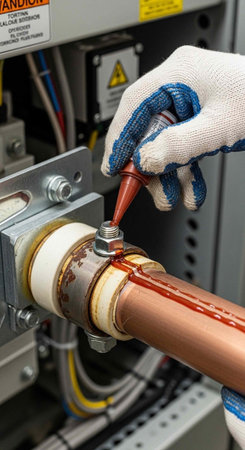 A gloved hand applies sealant to a copper pipe in an industrial setting with visible wiring and...
