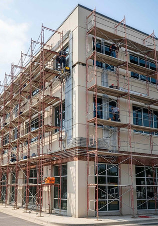 A construction worker on scaffolding outside a multi-story building under renovation on a sunny day