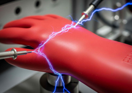 A red mannequin hand is being electrified with a bright blue lightning bolt in a laboratory setting.