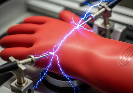 A red rubber glove being electrified with a high voltage electrical discharge in a laboratory...