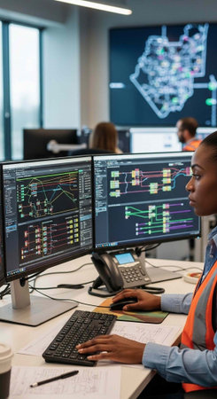 A focused worker in an office setting analyzes data on multiple computer screens with colleagues in...