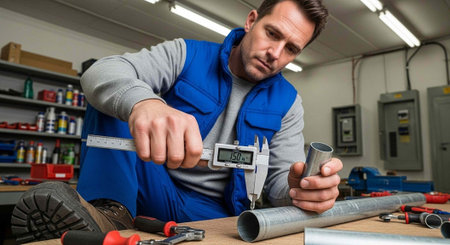 A man in a workshop measuring a metal pipe with a digital caliper surrounded by tools and equipment.