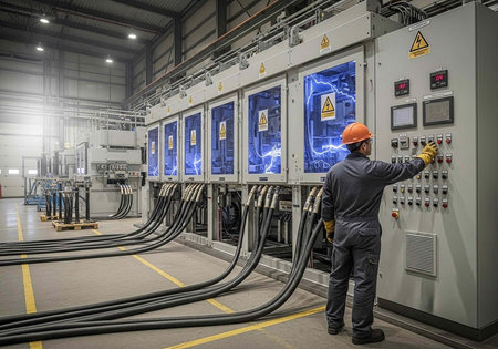 An industrial worker in a hard hat operates a large electrical control panel in a warehouse setting.