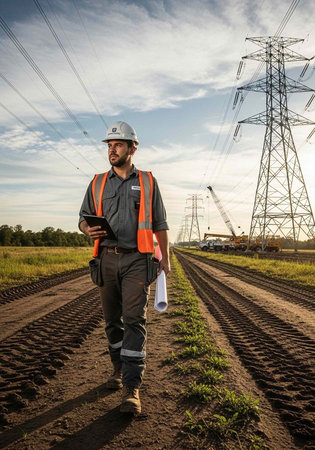 A construction worker in a hard hat and safety vest walks along a dirt road near power lines and...