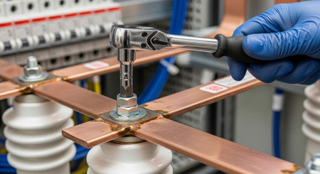 A gloved hand using a socket wrench on an electrical component in an industrial setting.