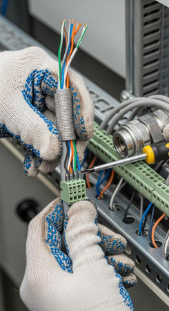A gloved hand working with wires and electrical components in an industrial setting with tools and...