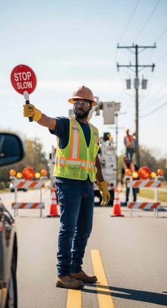 A construction worker directing traffic with a stop sign on a road with safety barriers and cones.