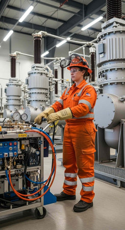 An industrial worker in orange safety gear operates machinery in a modern electrical facility with...