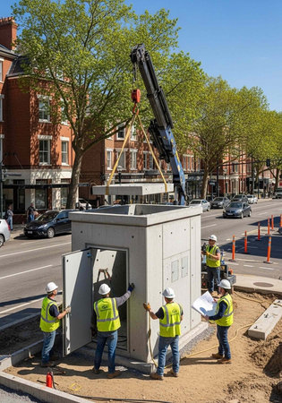 Construction workers installing a large electrical box on a city street with a crane