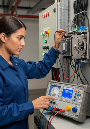 A woman in a blue uniform working with electronic equipment in an industrial setting.