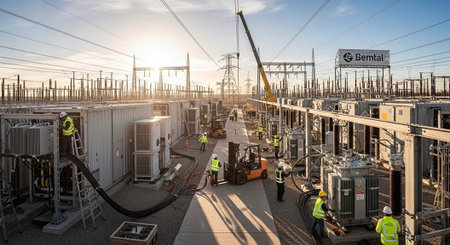 Workers in high-visibility vests and hard hats operate heavy machinery at an industrial site during...