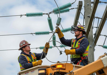 Two electricians in hard hats and safety vests working on power lines from a lift truck